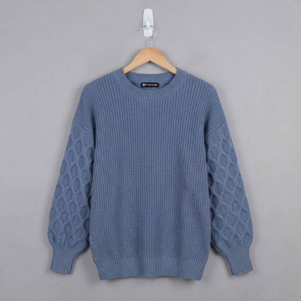 PrettyGarden Textured Bubble Sleeve Crewneck Sweater Medium Slate Blue Cozycore